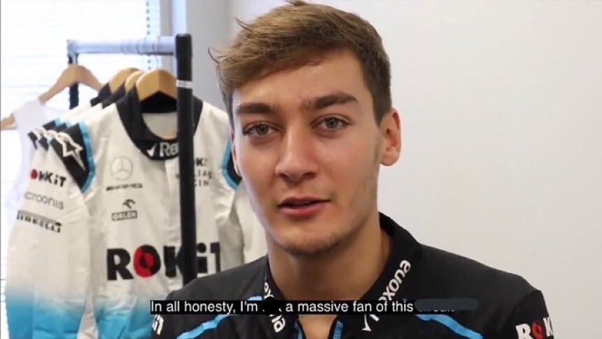 Screenshot of George Russell at Williams with his quote edited to say: 'In all honesty, I'm a massive fan of this'.